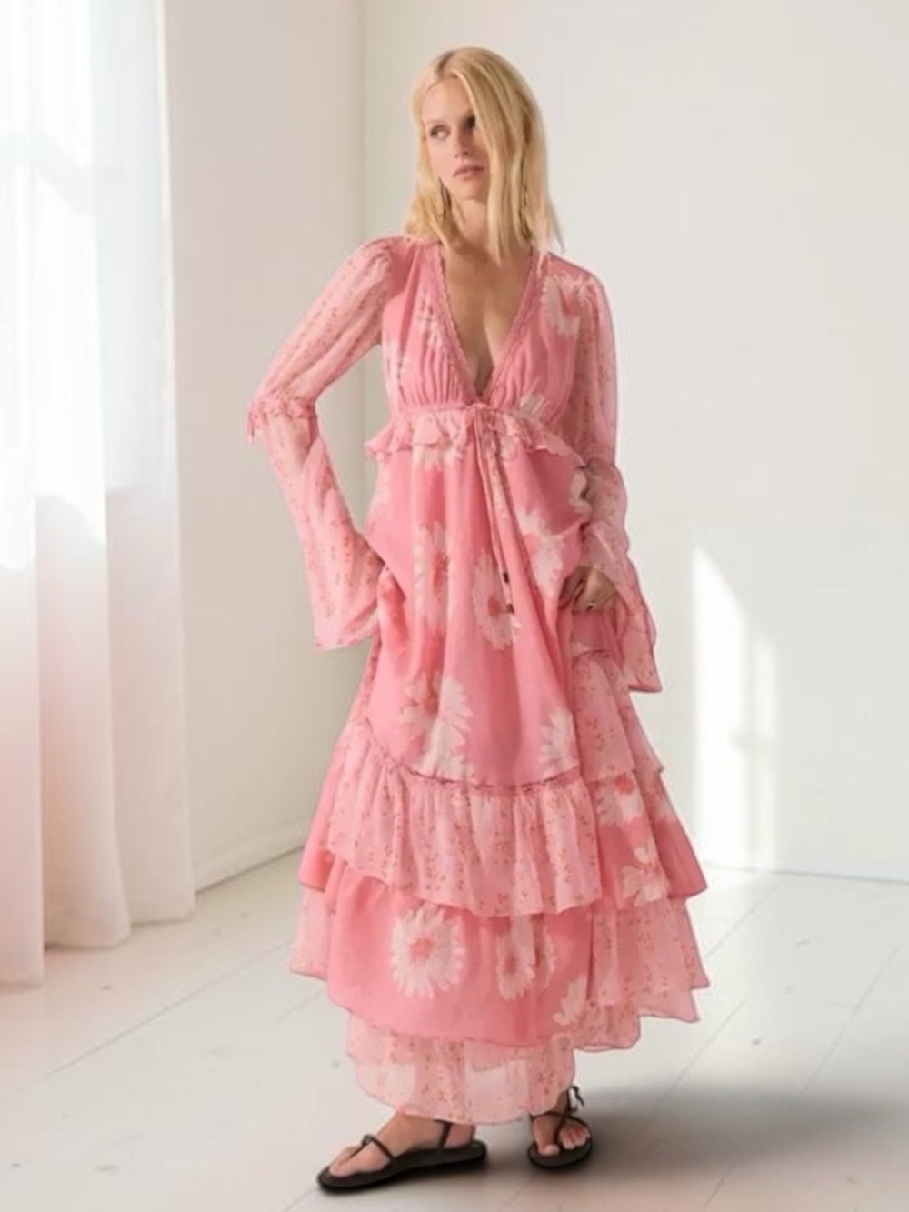 Free People Calypso Maxi Dress Pink Floral Tiered Empire Waist Boho NWT Small